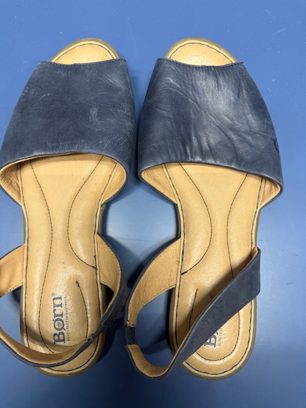 Born Navy Leather Open-Toe Slingback Sandals